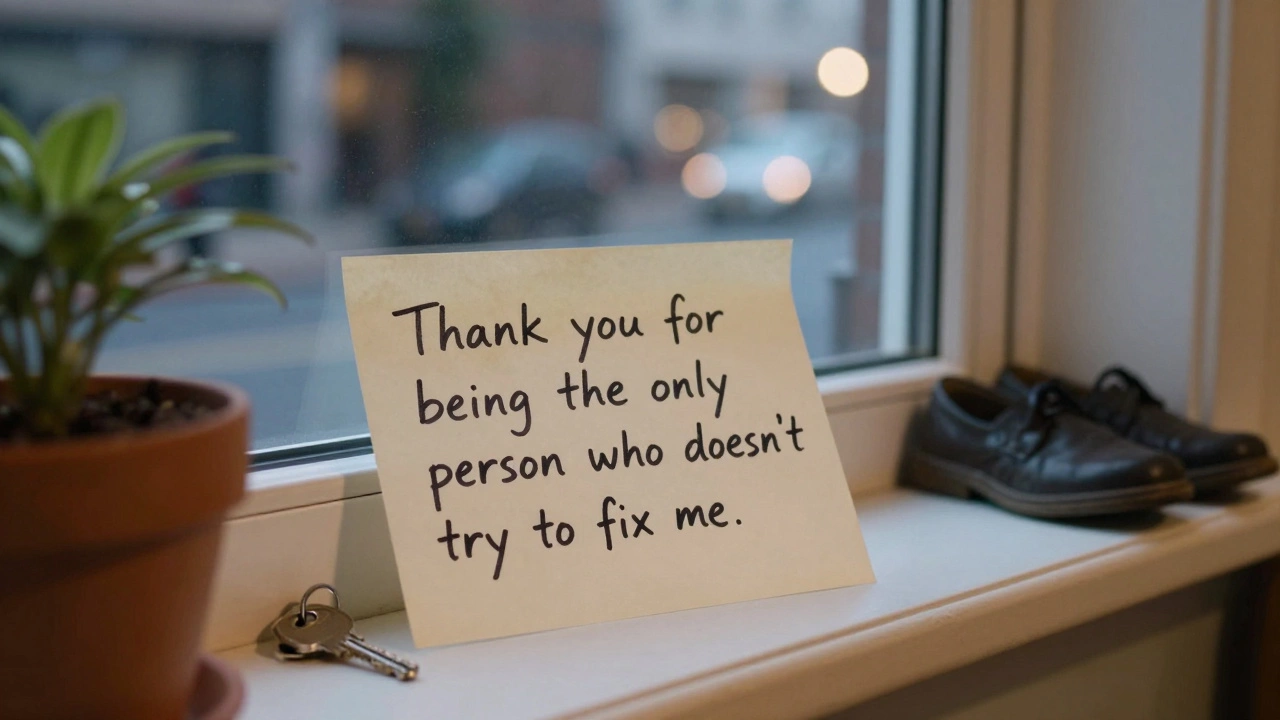 A handwritten note on a windowsill with a key and potted plant, city lights blurred behind glass.