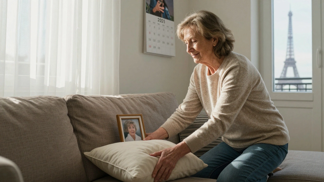 An older woman in casual clothes placing a pillow on a sofa, sunlight streaming through curtains, Eiffel Tower visible outside.