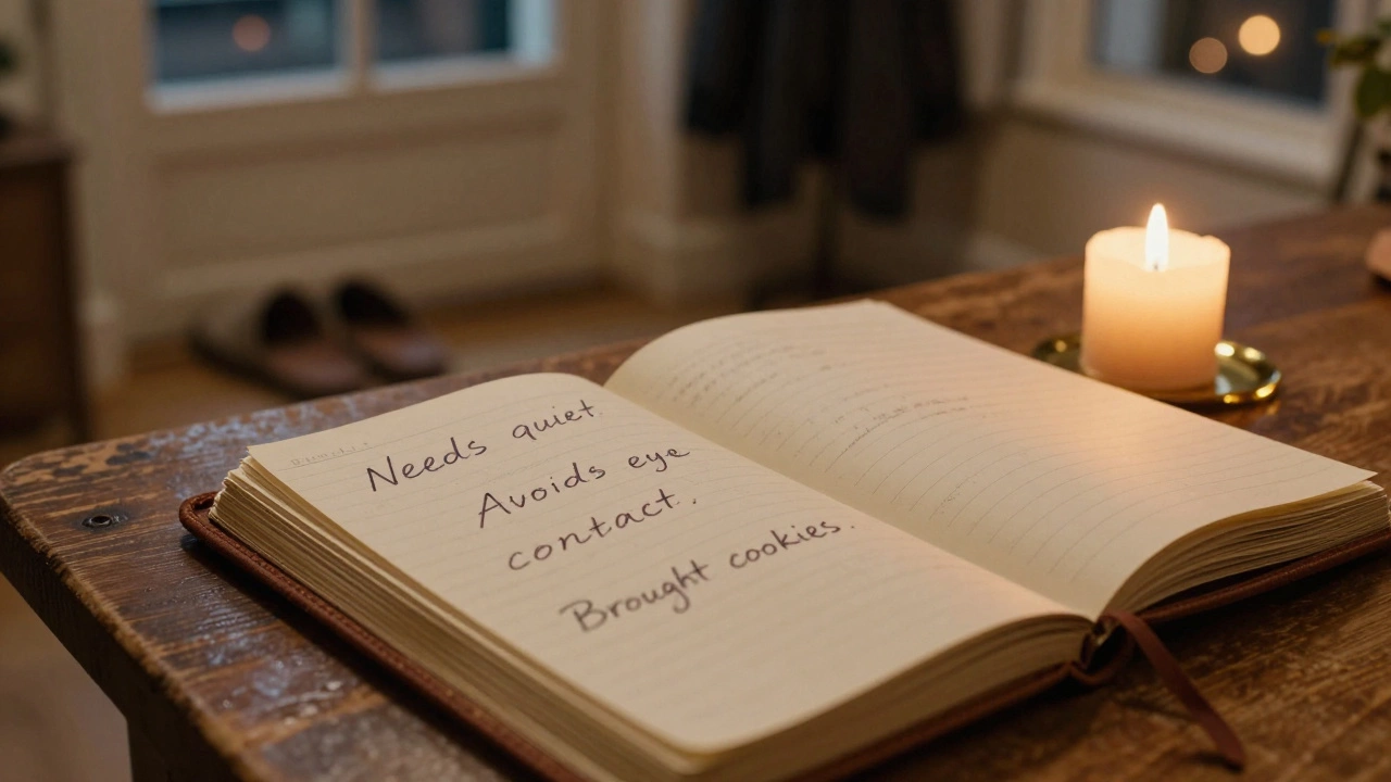 An open notebook with handwritten notes beside a flickering candle, symbolizing emotional labor and personal boundaries.
