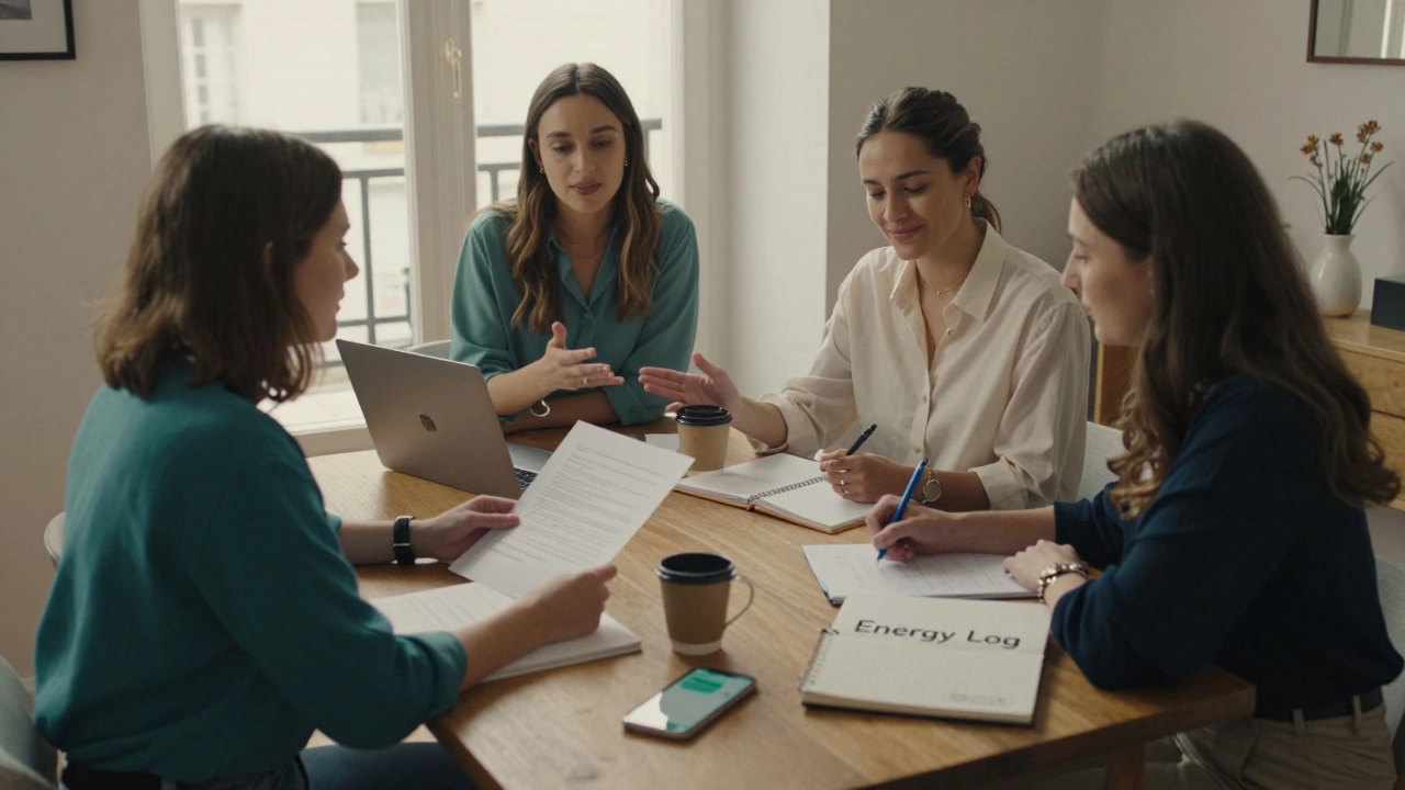 Three professional women collaborate in a sunlit Paris apartment, sharing documents and coffee.